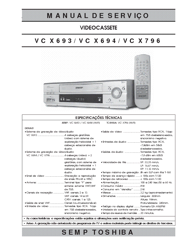 TOSHIBA VC-X693 VC-X694 VC-X796 SM service manual