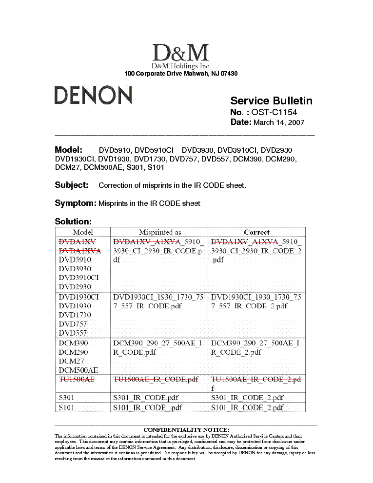 DENON DVD-5910 DVD-5910CI DVD-3930 DVD-3910CI DVD-2930 DVD-1930CI DVD-1930 DVD-1730 DVD-757 DVD-557 DCM-390 DCM-290 DCM-27 DCM-500AE S301 S101 OST-C1154 service manual (1st page)