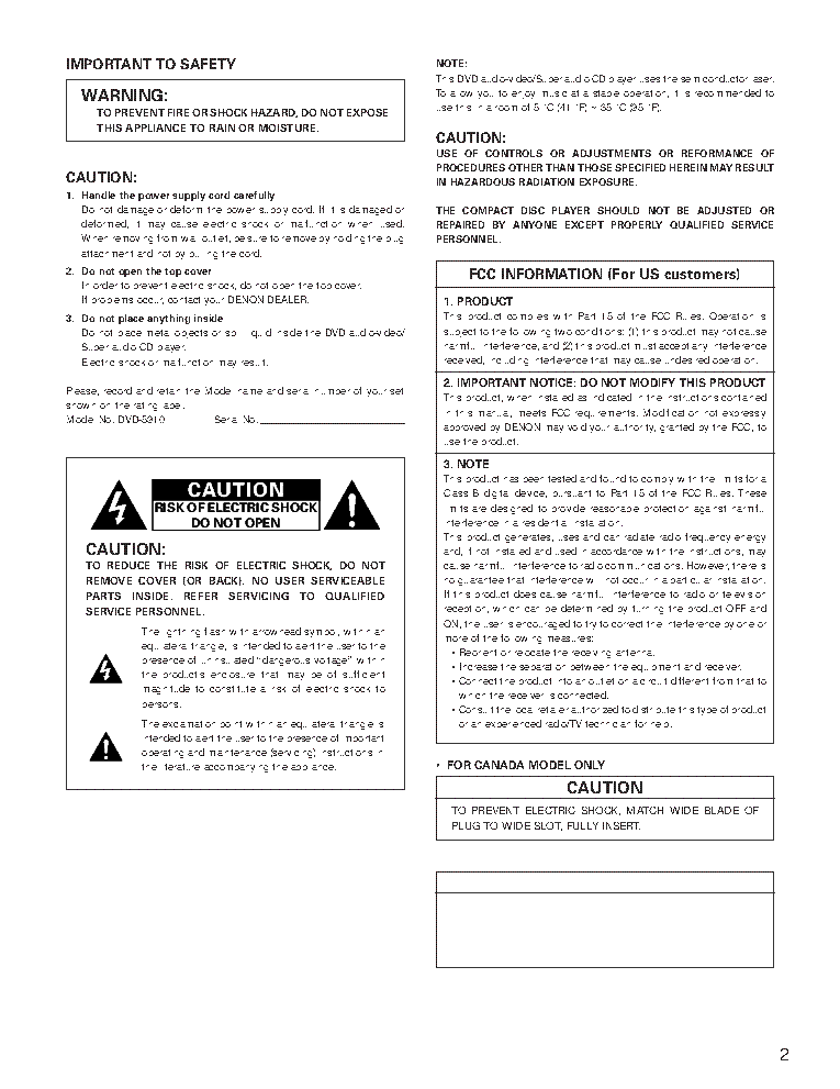 DENON DVD-5910 DVD USER MANUAL Service Manual download, schematics ...