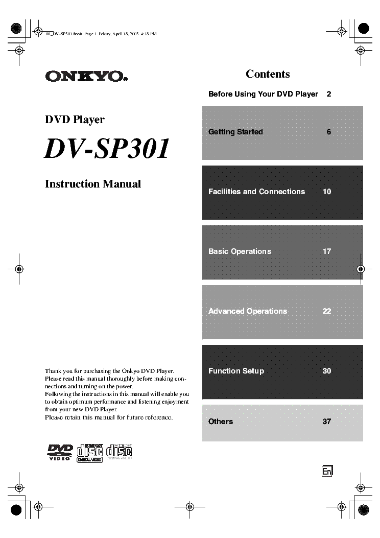 ONKYO DV-SP301 DVD USER MANUAL Service Manual download, schematics ...
