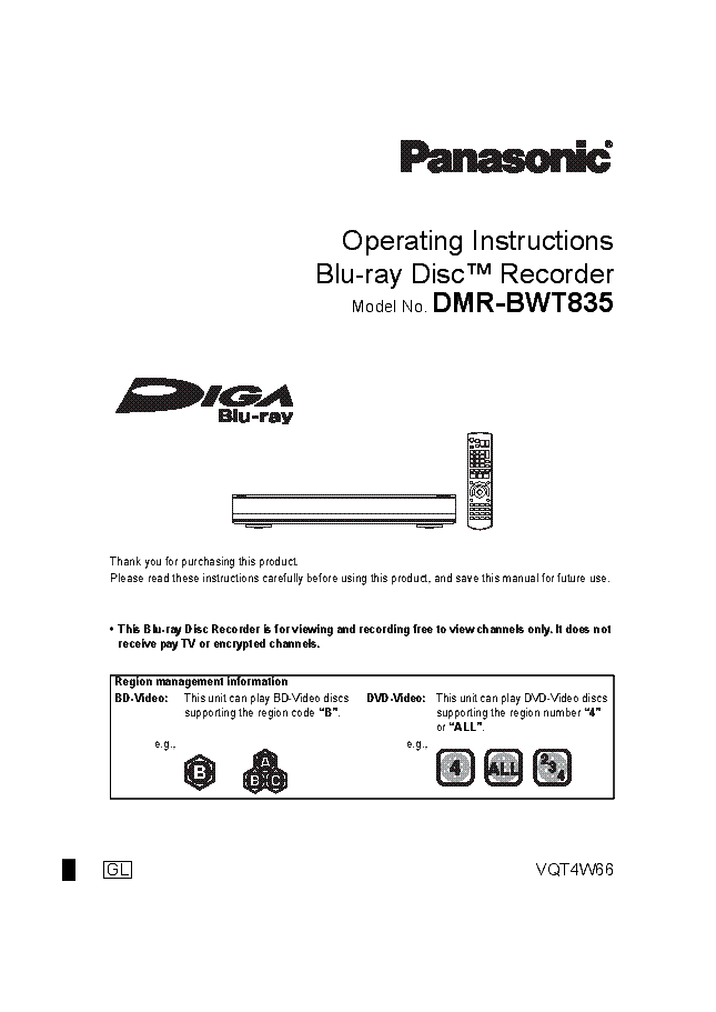 PANASONIC DMR-BWT835 BLU RAY USER MANUAL Service Manual download