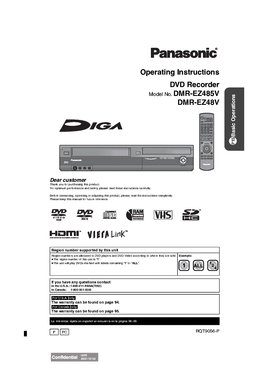 PANASONIC DMR-EZ48V,DMR-EZ485V DVD VCR USER MANUAL Service Manual ...