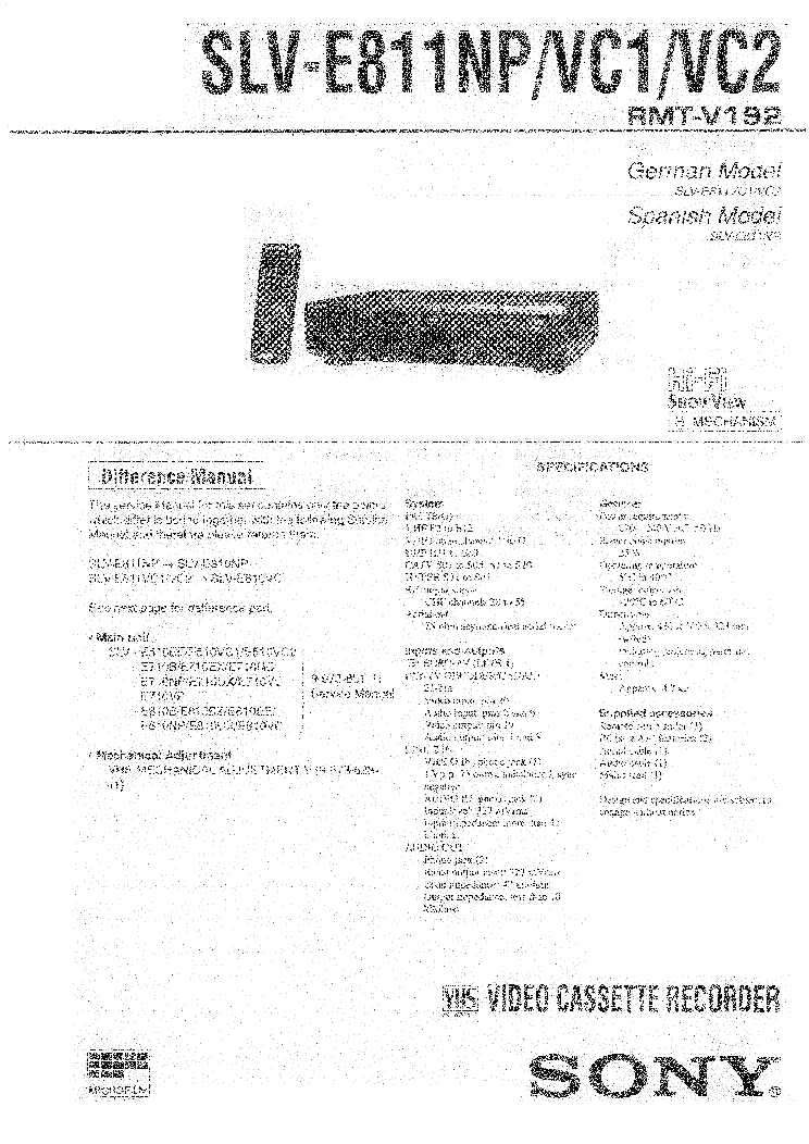 SONY SLVE811NP VC1 VC2 USER MANUAL Service Manual download, schematics