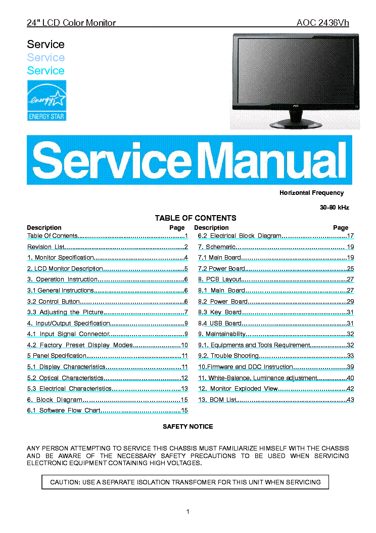AOC 2216SW Service Manual download, schematics, eeprom, repair info for