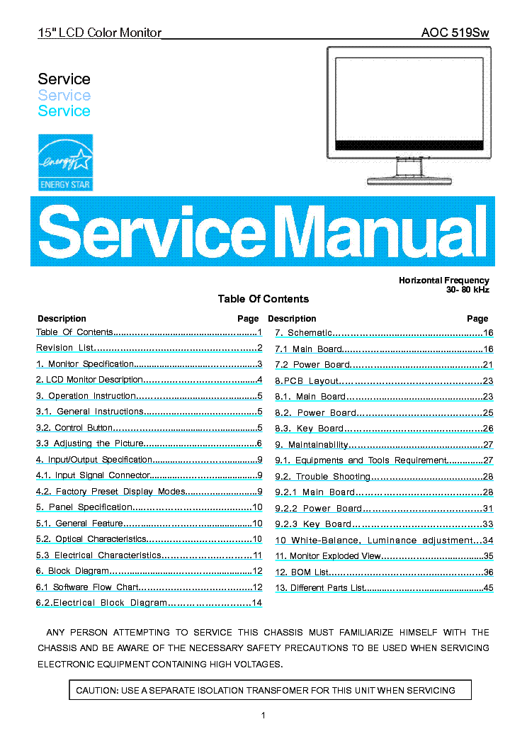 AOC 519SW LCD MONITOR SERVICE MANUAL Service Manual download