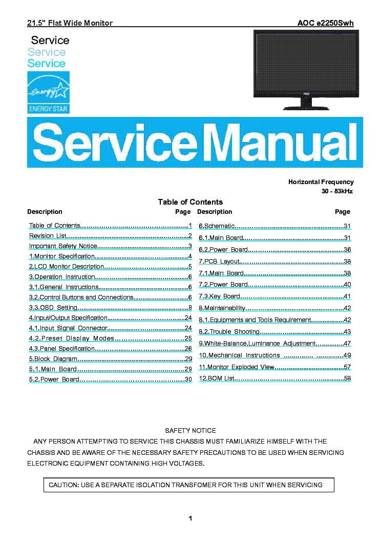 AOC E2250SWH LCD MONITOR service manual