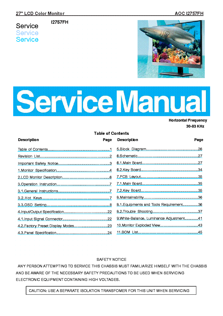 AOC I2757FH LCD MONITOR service manual
