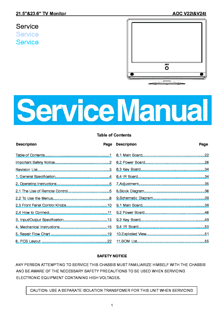 AOC V22T V24T LCD TV-MONITOR SM service manual