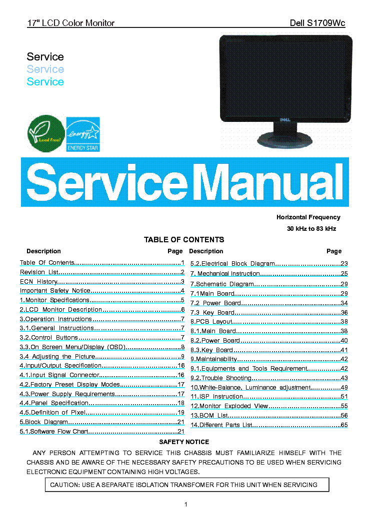 Dell S1709wc 17inch Lcd Monitor Service Manual Download