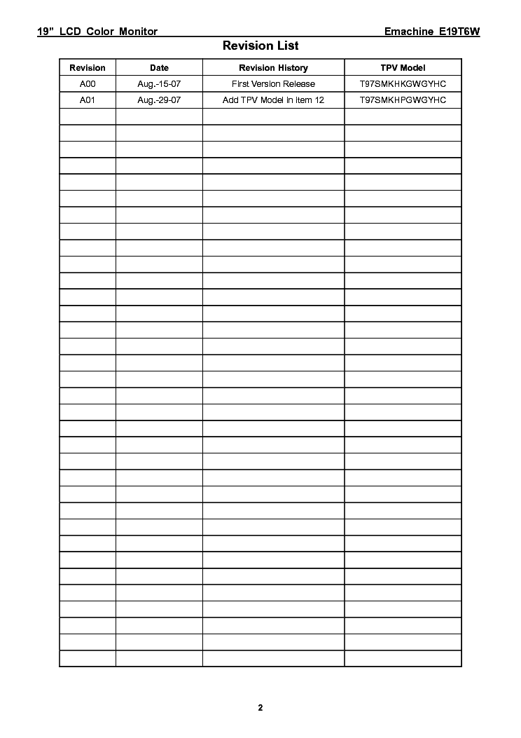 EMACHINE E19T6W LCD MONITOR Service Manual download, schematics, eeprom ...