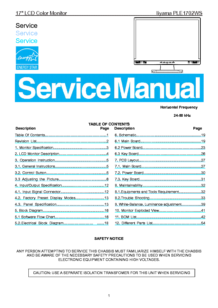 IIYAMA PLE1702WS LCD MONITOR service manual