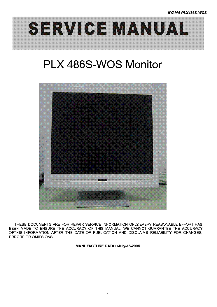 IIYAMA PLX486S-WOS T982KS2HJYY1PP service manual