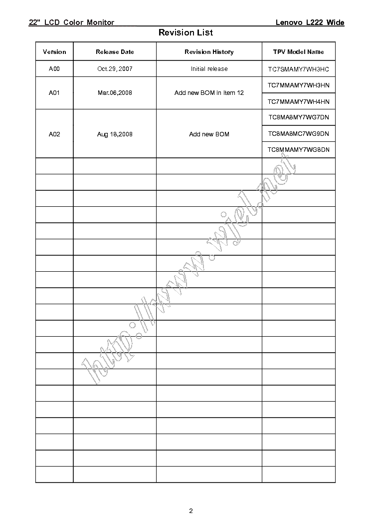 LENOVO L222 WIDE 22INCH Service Manual download, schematics, eeprom ...