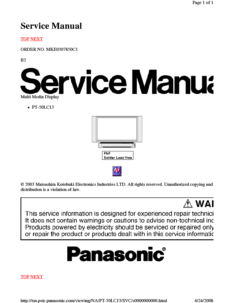 PANASONIC PT50LC13 PARTS SCH Service Manual download, schematics