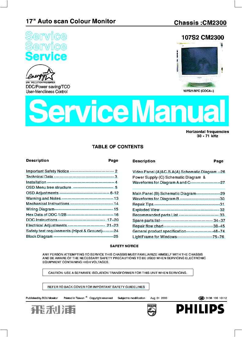 PHILIPS 107S2 CHASSIS CM2300 SM service manual