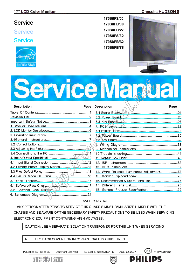 PHILIPS 170S8F CHASSIS HUDSON-8 LCD MONITOR service manual
