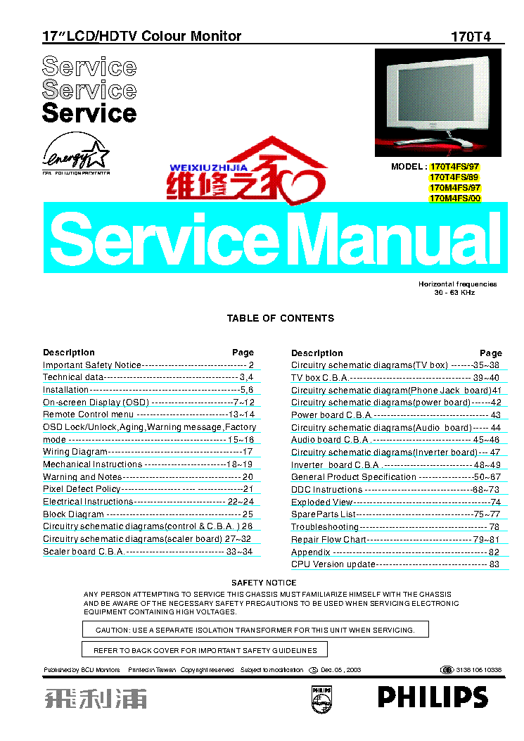 PHILIPS 170T4FS 170M4FS service manual