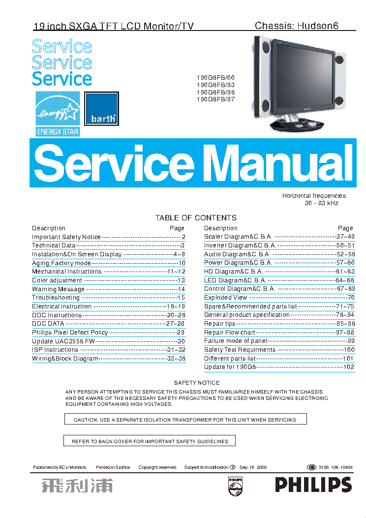 PHILIPS 190G6FB CHASSIS HUDSON6 service manual (1st page)