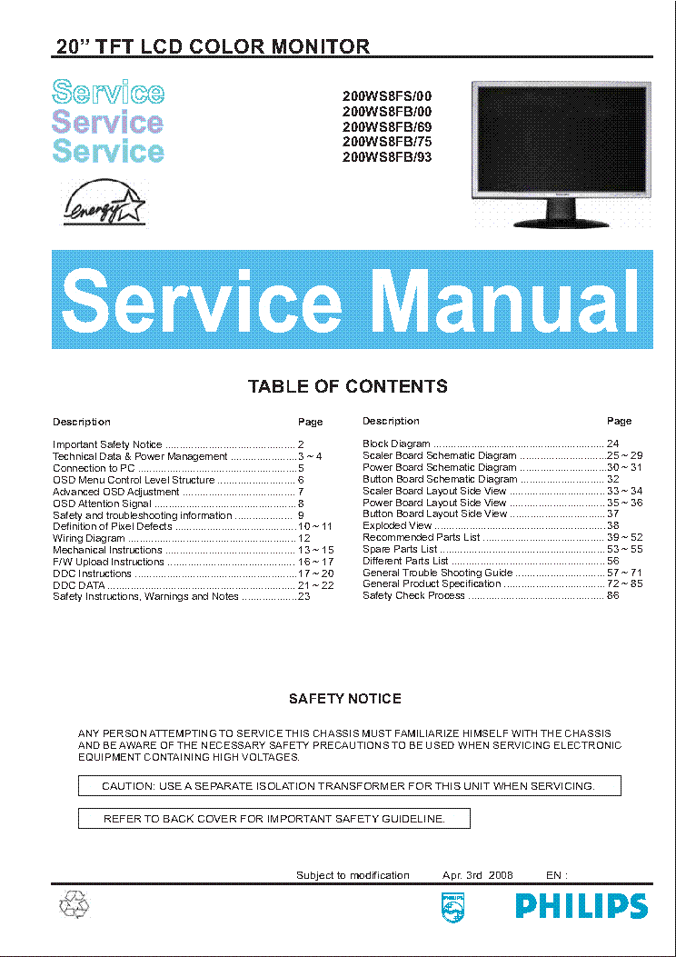 PHILIPS 200WS8FS FB service manual