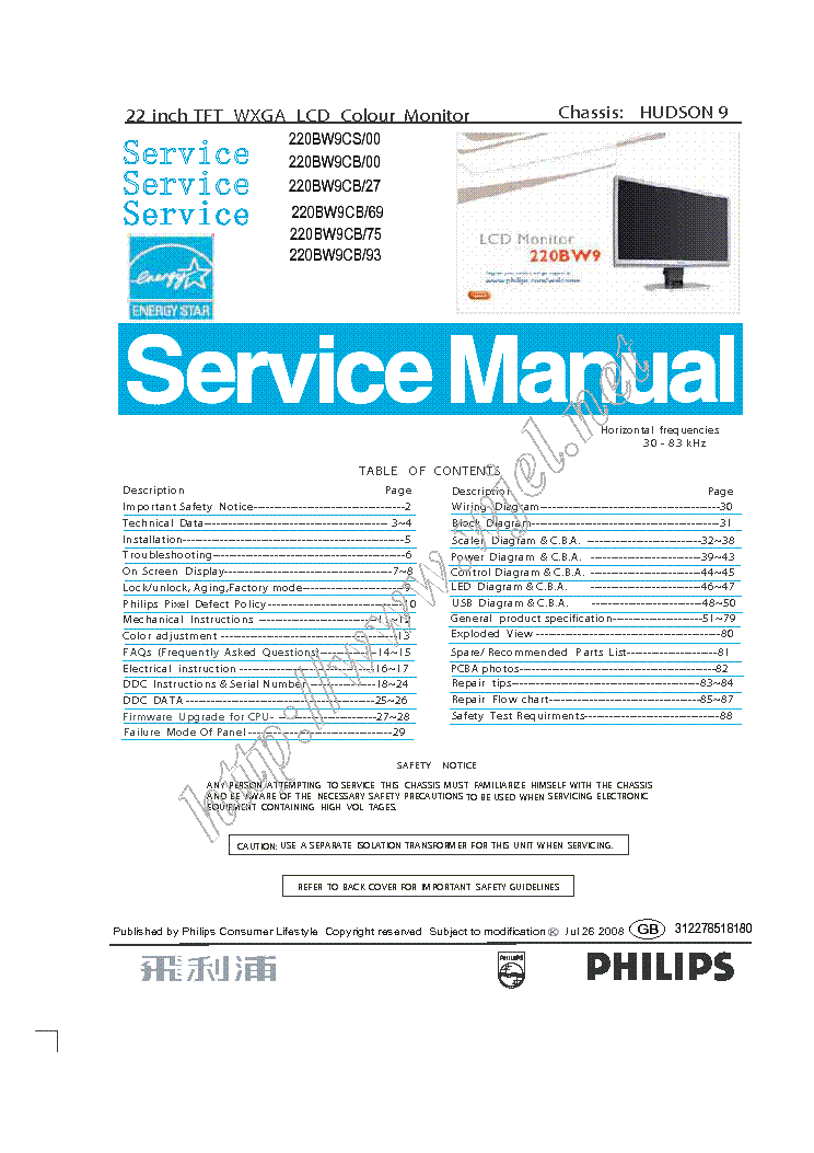 PHILIPS 220BW9CS-00 220BW9CB-00-27-69-75-93 CHASSIS HUDSON-9 SM service manual
