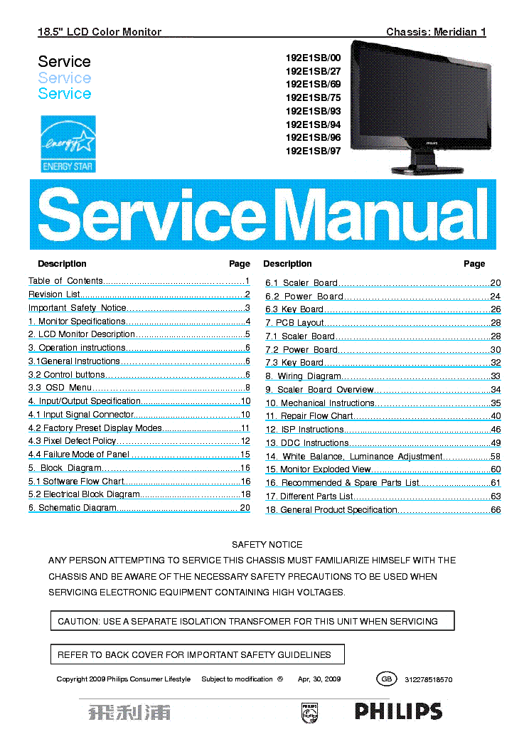 PHILIPS MERIDIAN1 192E1SB 312278518570 service manual
