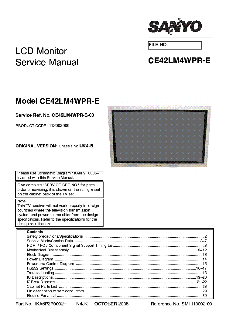 SANYO CE42LM4WPRE LCD SM Service Manual download, schematics, eeprom ...