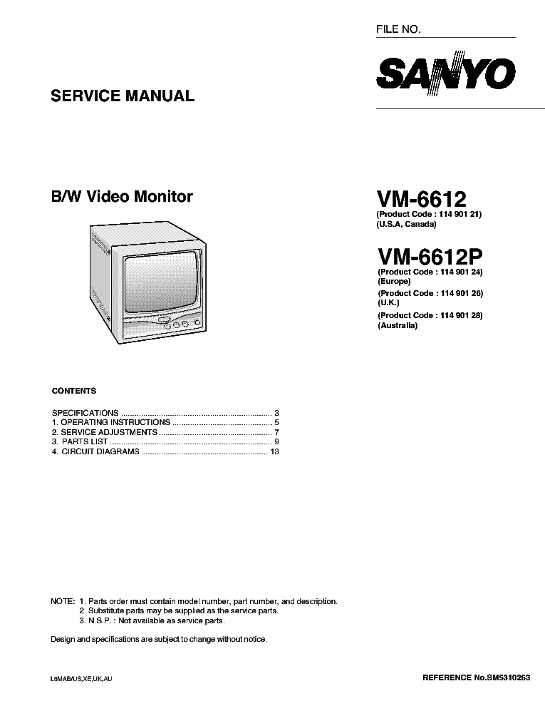 SANYO VM-6612 6612P 6614 6615P B-W MONITOR SM Service Manual download ...
