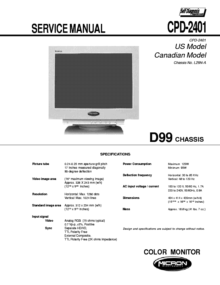 SONY CPD-2401 CHASSIS D99 SM Service Manual download, schematics ...