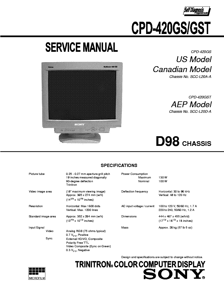 SONY CPD-420GS Service Manual download, schematics, eeprom, repair info ...