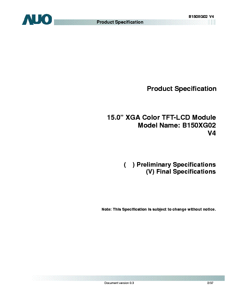 AUO B150XG02 V4 LCDPANEL DATASHEET Service Manual download, schematics ...