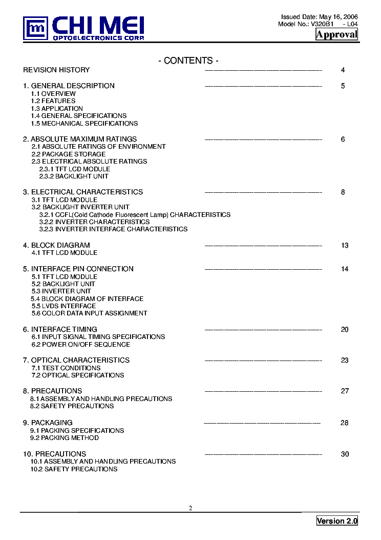 CHIMEI V320B1L04 VER2.0 APPROVAL SPEC Service Manual download