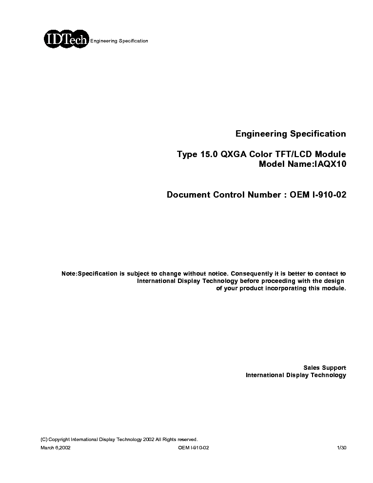 IDTECH IAQX10 LCDPANEL DATASHEET service manual (1st page)