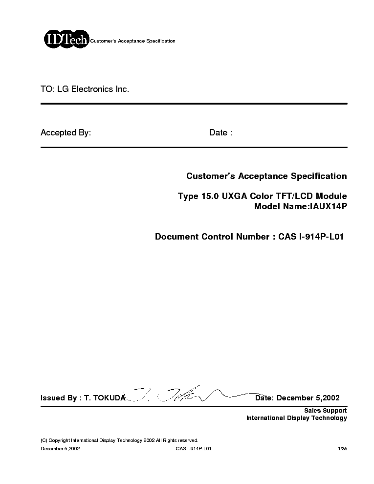 IDTECH IAUX14P LCDPANEL DATASHEET service manual (1st page)