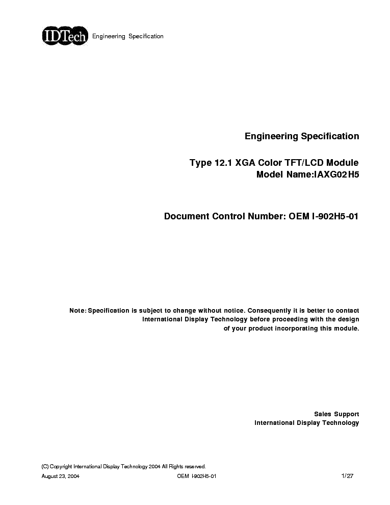 IDTECH IAXG02H5 LCDPANEL DATASHEET service manual (1st page)