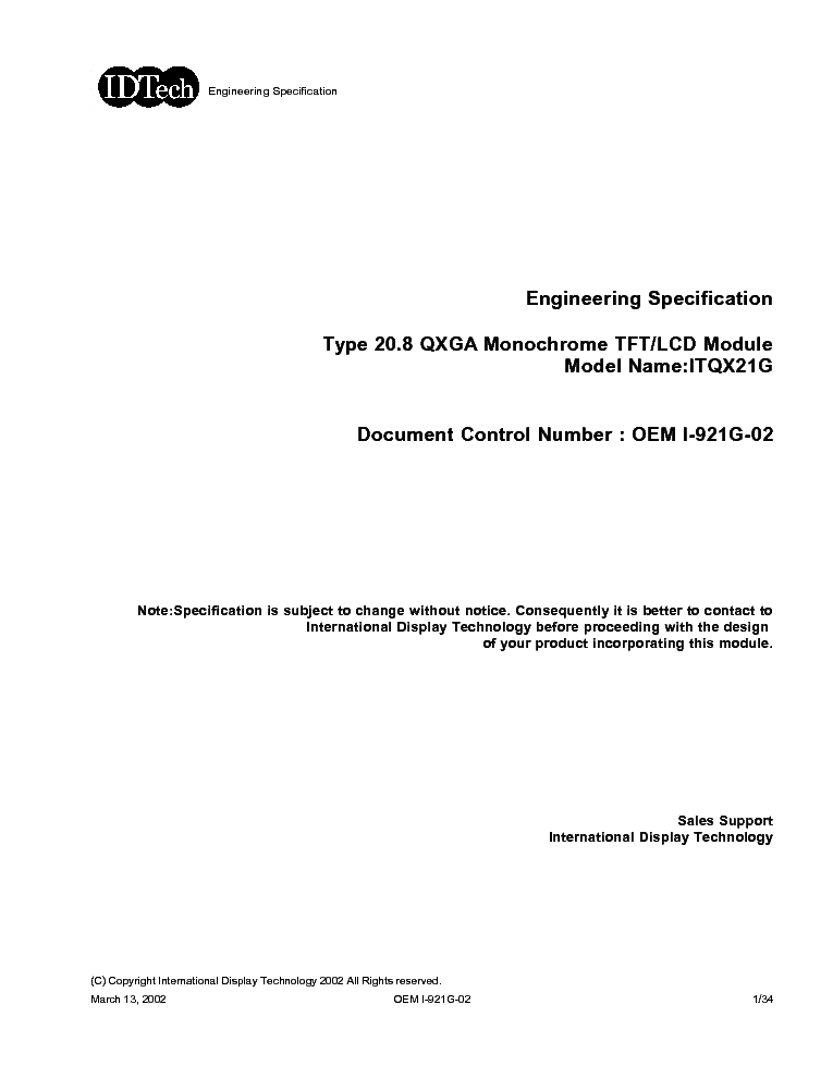 IDTECH ITQX21G LCDPANEL DATASHEET service manual (1st page)