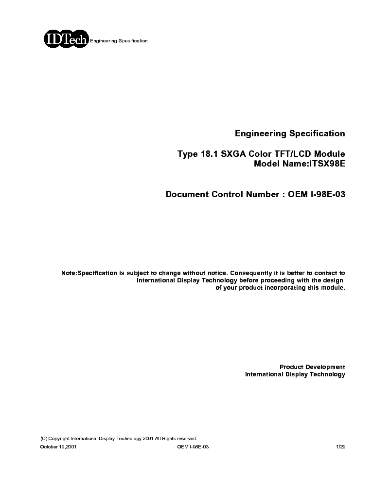 IDTECH ITSX98E LCDPANEL DATASHEET service manual (1st page)