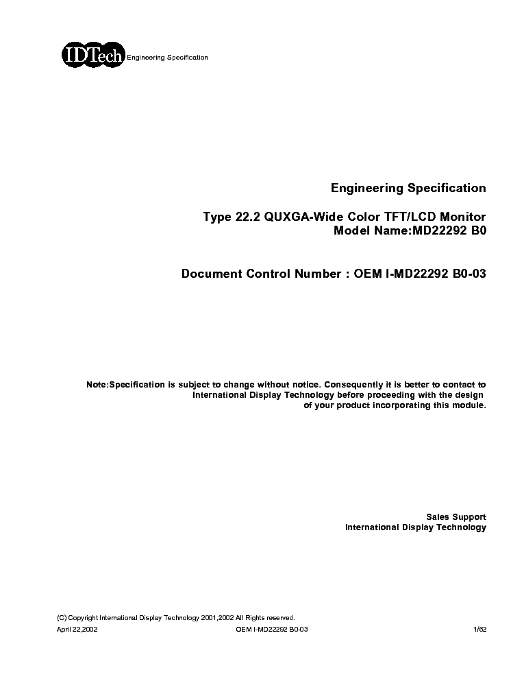 IDTECH MD22292-B0 LCDPANEL DATASHEET service manual (1st page)