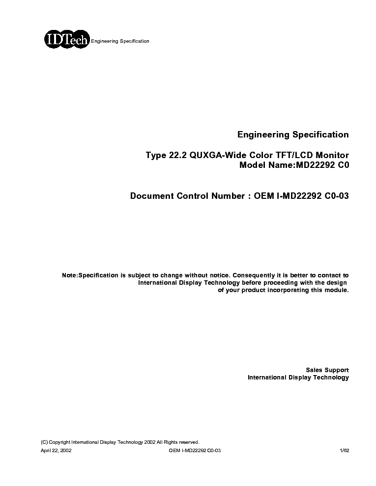 IDTECH MD22292-C0 LCDPANEL DATASHEET service manual (1st page)