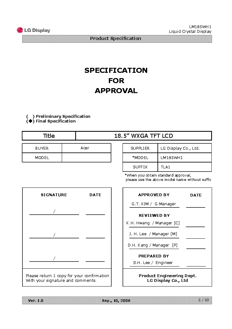 LG LM185WH1-TLA1 18,5INCH WXGA COLOR TFT-LCD CCFL BACKLIGHT V1.0 2008 DATASHEET service manual (1st page)