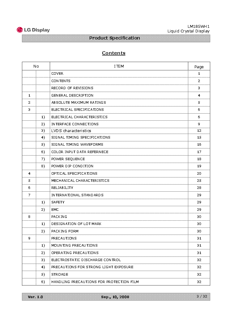 LG LM185WH1-TLA1 18,5INCH WXGA COLOR TFT-LCD CCFL BACKLIGHT V1.0 2008 DATASHEET service manual (2nd page)