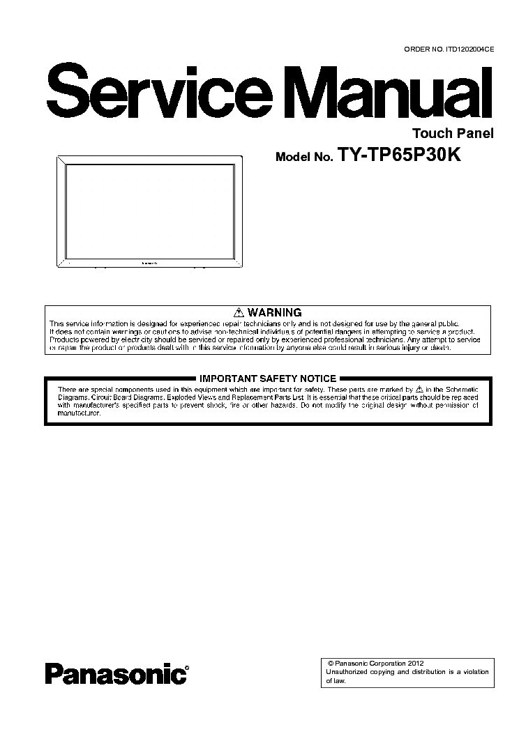 PANASONIC TY-TP65P30K TOUCH PANEL service manual