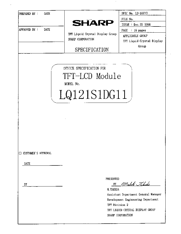 SHARP LQ121S1DG11 LCDPANEL DATASHEET Service Manual download ...