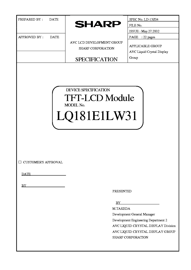 SHARP LQ181E1LW31 LCDPANEL DATASHEET Service Manual download ...