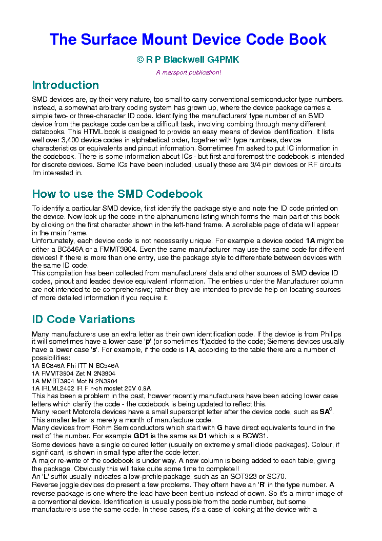 SURFACE MOUNT DEVICE CODE BOOK Service Manual Download, Schematics ...