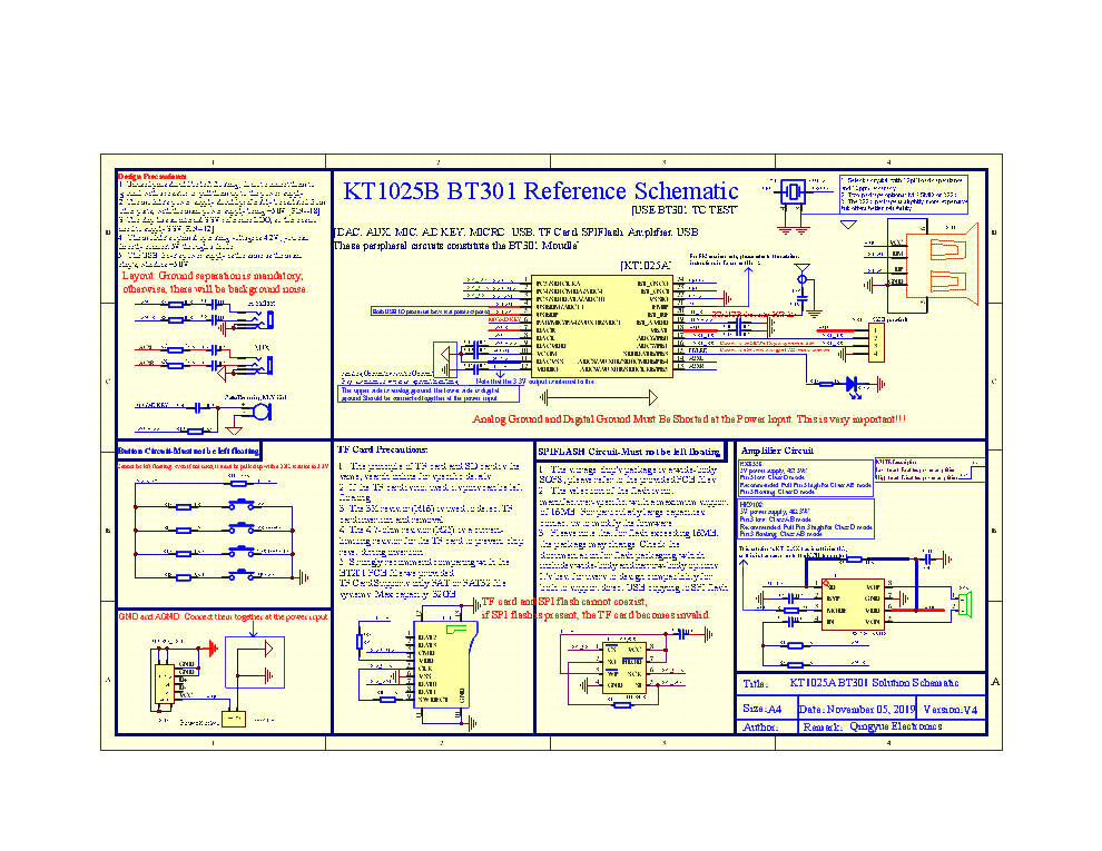 KT1025A BT301 BLUETOOTH AUDIO BLE CHIP SUPPORTS SPIFLASH REFERENCE SCHEMATIC V4 service manual (1st page)