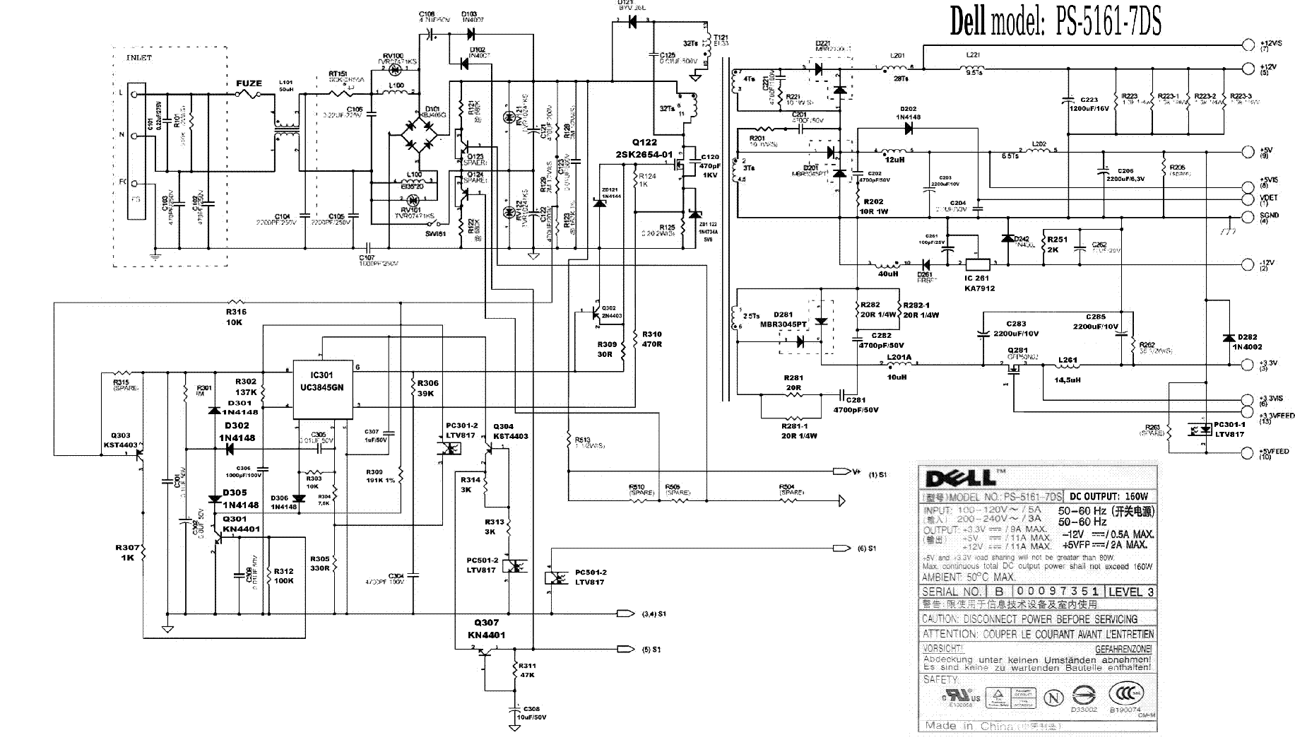 DELL PS-5161 7DS POWER SUPPLY SCHEMATIC Service Manual download