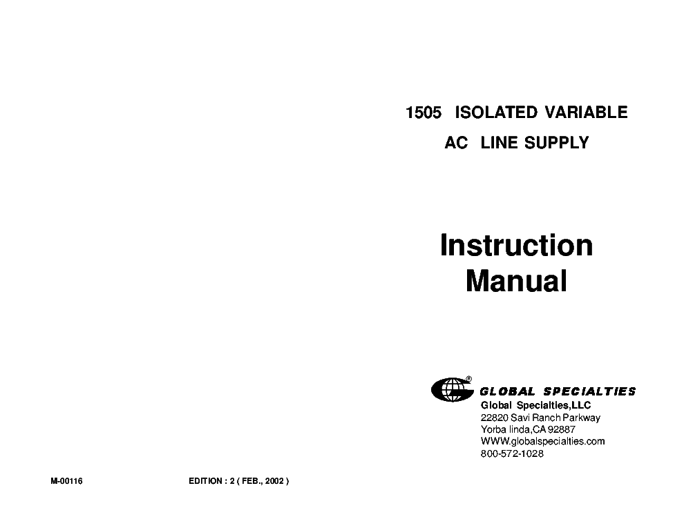 GLOBAL-SPECIALTIES 1505 USER MANUAL PARTS INFO service manual (2nd page)