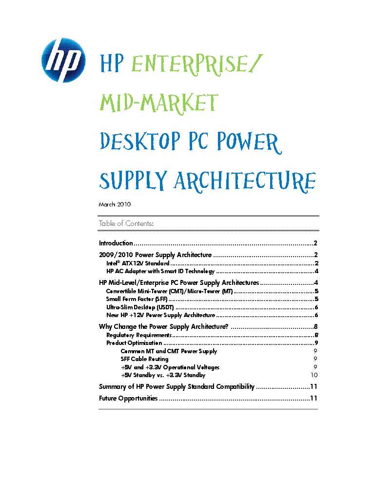 HP ENTERPRISE MID-MARKET DESKTOP PC POWER-SUPPLY ARCHITECTURE INFO service manual