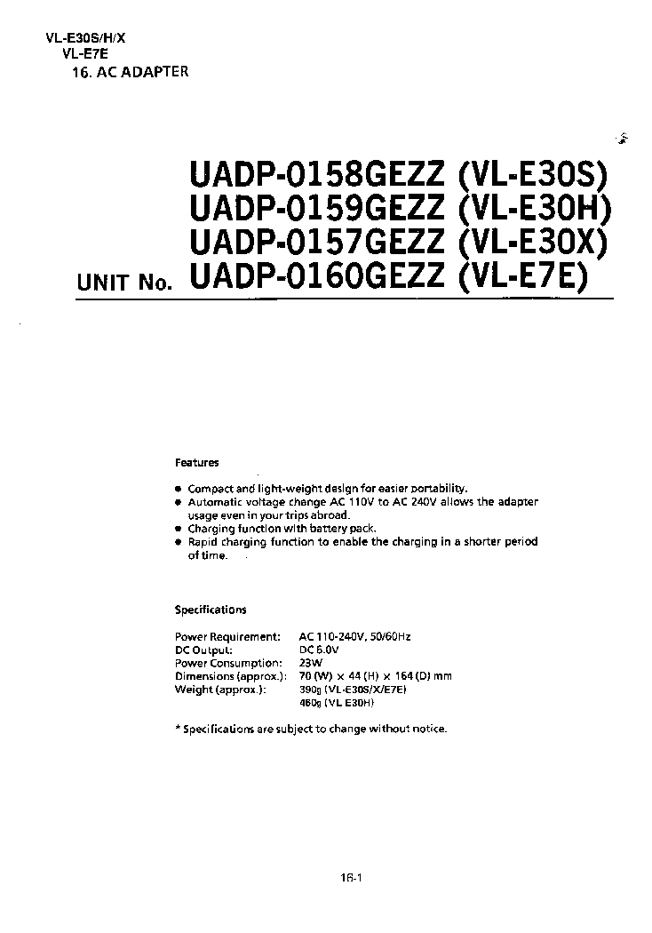 SHARP UADP-0158 0159 0157 0160GEZZ AC ADAPTER service manual