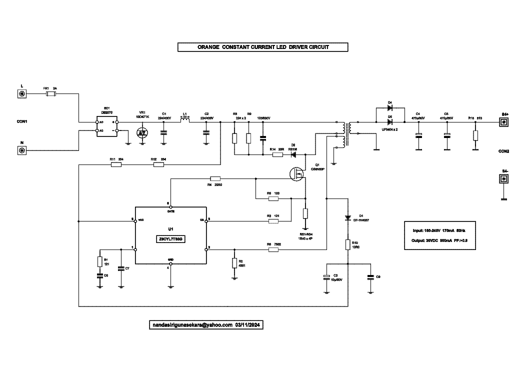 ORANGE CONSTANT CURRRENT LED DRIVER 160VAC-240VAC 170MA 36VDC 900MA Z8CYL7T60G SCHEMATIC service manual (1st page)